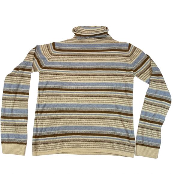 Hem & Thread Striped Turtleneck Sweater Women's L Soft Knit Brown Blue Cream - Picture 2 of 7